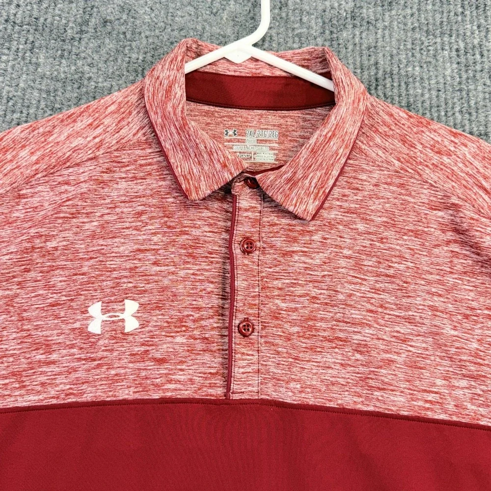 Under Armour HeatGear Polo Shirt Mens 2XL Red Colorblock Golf Performance Top